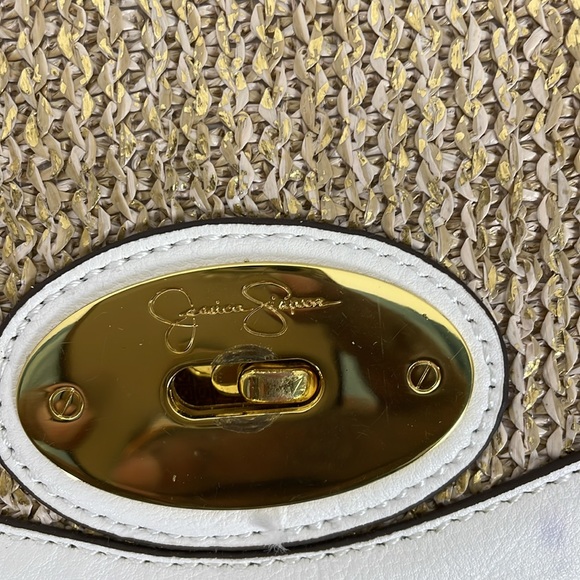 Jessica Simpson Darla Tan Cream Shoulder Bag Straw 3 Inside Pockets Zip Latch - Picture 5 of 5